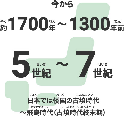 今から約1700年〜1300年前、5世紀〜7世紀、日本では倭国の古墳時代〜飛鳥時代（古墳時代終末期）